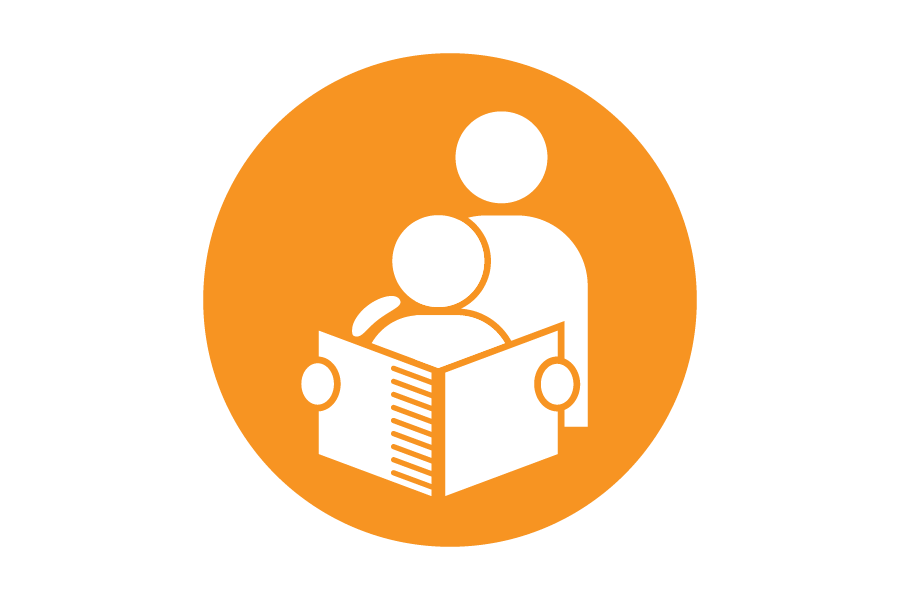 Orange icon of two people reading a book.